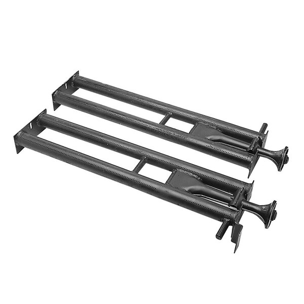 A pair of black metal All Points steel oven burners with metal brackets.
