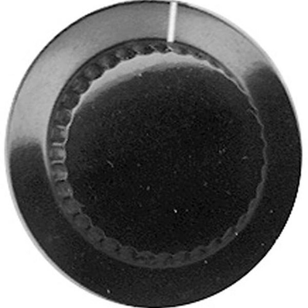 A black circular knob with a white line and a hole in the center.