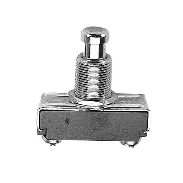 A close-up of a metal All Points push-in switch with a silver bolt.
