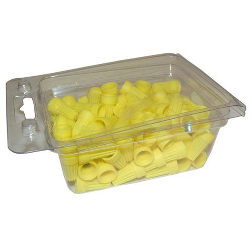 A plastic container of All Points yellow plastic caps.