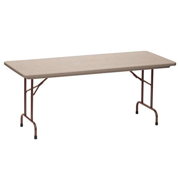 A mocha granite Correll rectangular folding table with a brown frame.