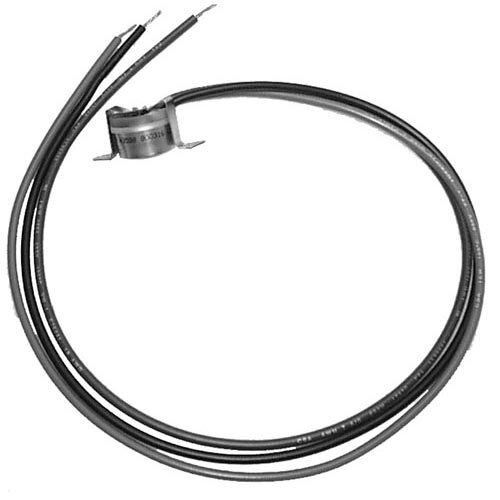 A black cable with 3 wires and metal connectors, one with a metal ring.