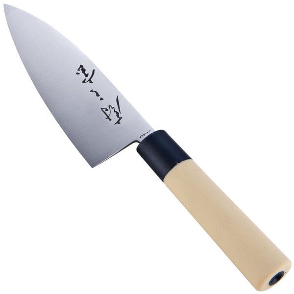 A Mercer Culinary Deba knife with a white handle.