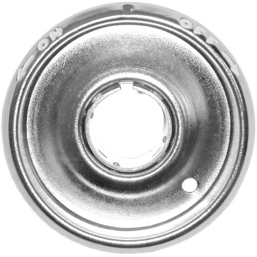 A silver metal plate with a hole in the center, used for a round thermostat knob.