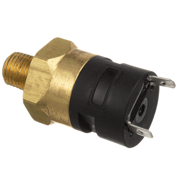 A close-up of a brass All Points steam pressure control switch with gold and black connectors.