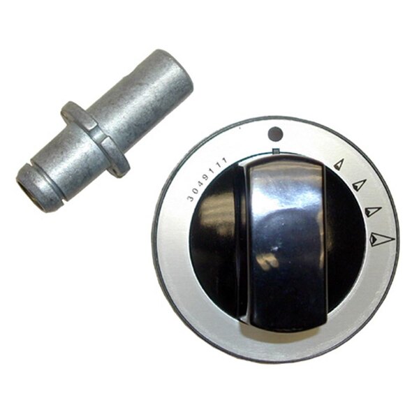 A black and silver knob with a metal screw for an oven burner valve.
