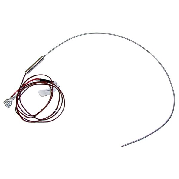 A long thin metal wire with brown and red wires on the end.