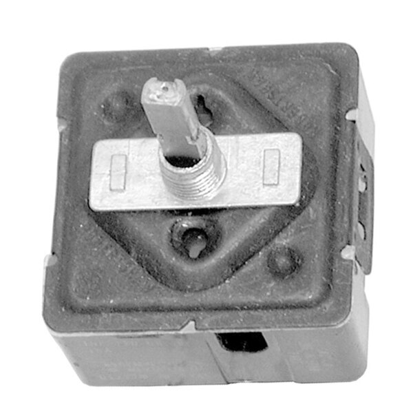 A close-up of a black metal All Points Infinite Control switch with a small metal knob.