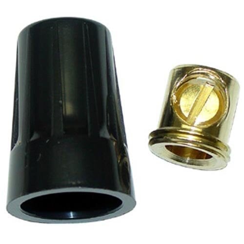 A black plastic and gold metal insulated set screw wire connector with a black barrel.