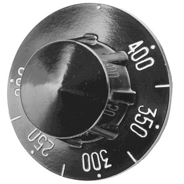 A close-up of a black All Points range thermostat dial with white numbers.