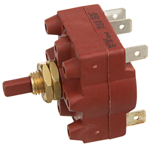 A close-up of a red All Points On/Off rotary switch with two wires.