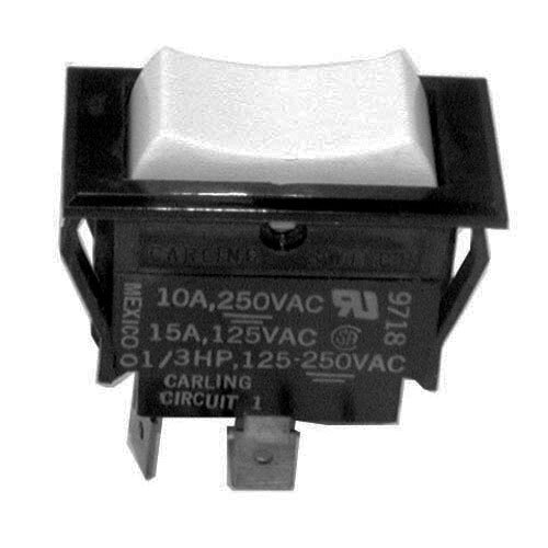 A close-up of a black and white All Points Momentary On/Off/On Rocker Switch with a white button.