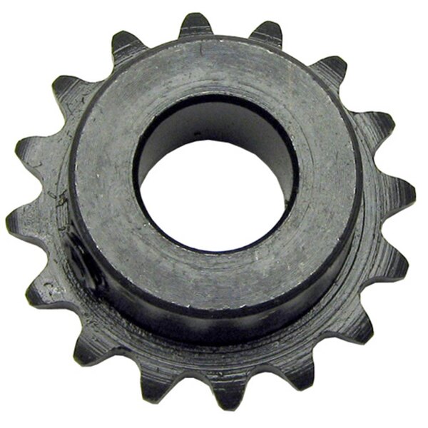 A black circular drive sprocket with a hole in the center.