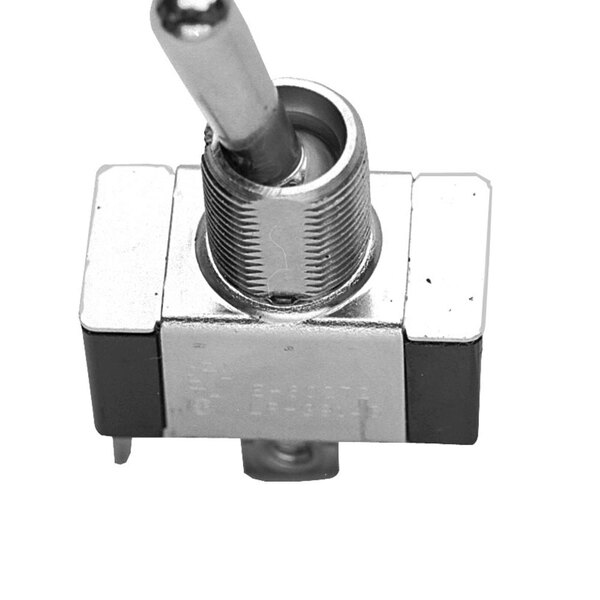 A metal toggle switch with a metal handle.