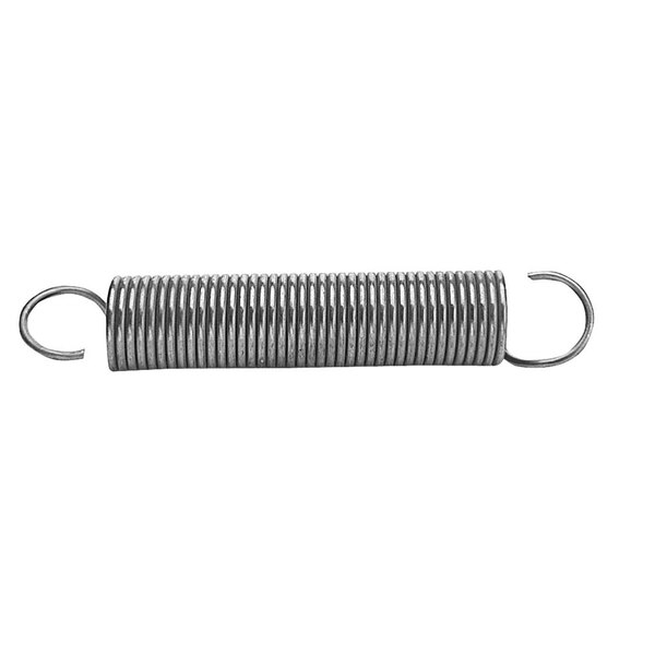 A close-up of a metal spring with hooks on the ends.