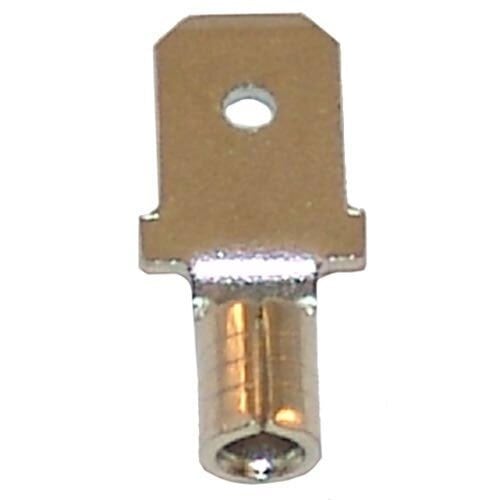 A close-up of a nickel-plated male quick disconnect electrical terminal with a metal tab.