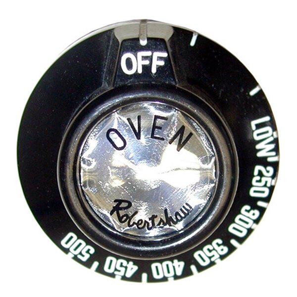 A black and white circular oven thermostat dial with the word "Oven" in the center.
