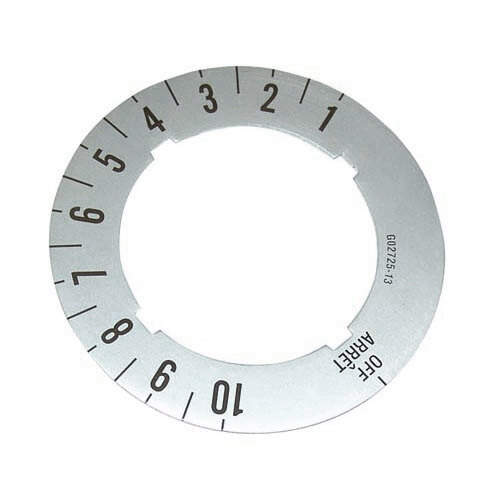 A circular metal dial with black numbers on a white background.