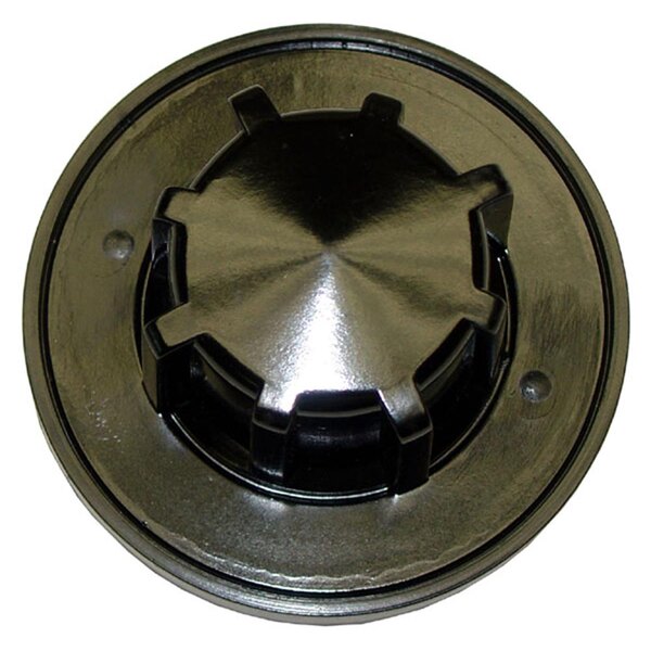 A black circular metal knob with a black center and a circular design.