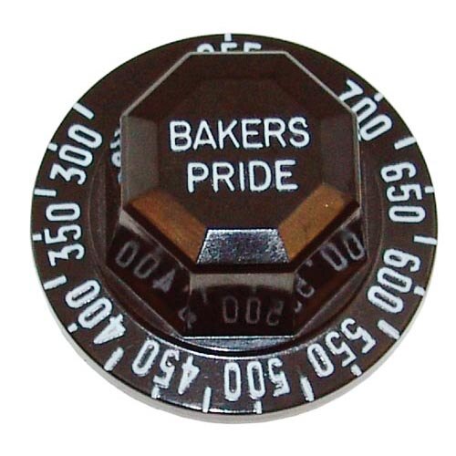 A black knob with white text that says "Bakers Pride"