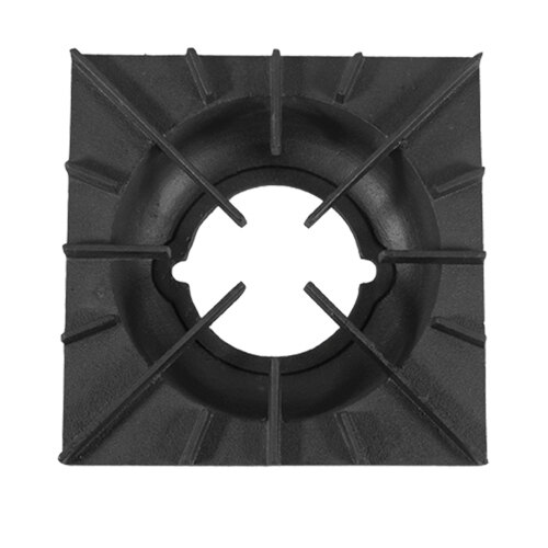 A black square cast iron spider grate with holes in the middle and corners.