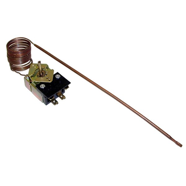 A black metal and copper coil thermostat with a black square object on a wire.