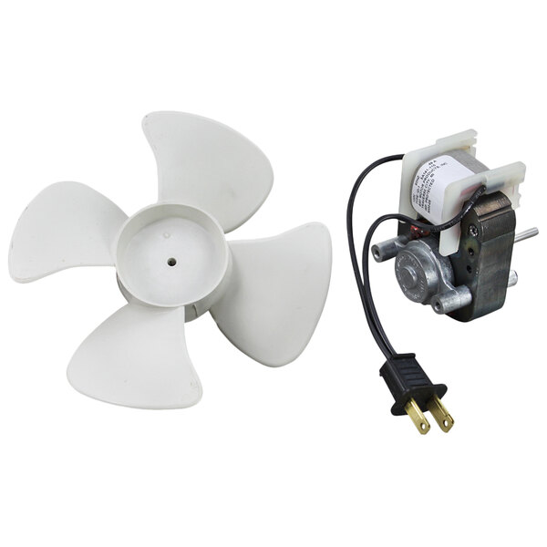 A white fan blade with a wire connecting it to a motor.