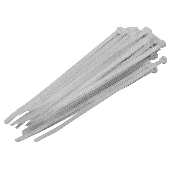A pile of white plastic All Points cable ties.