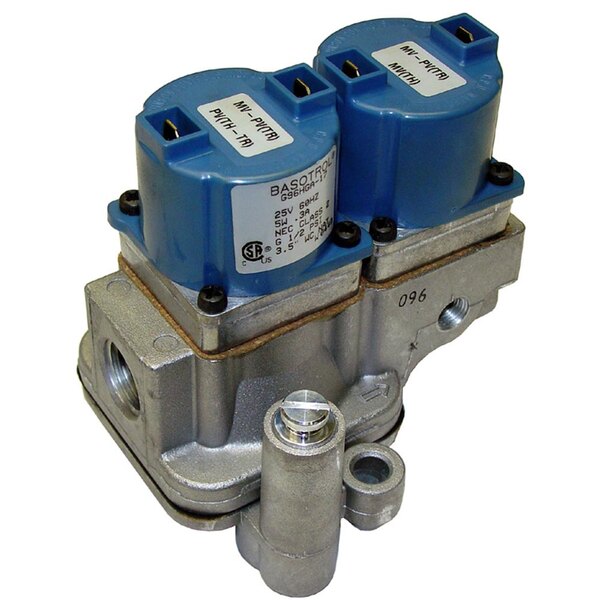 A close-up of a pair of blue All Points natural gas solenoid valves.