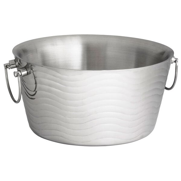 A Tablecraft stainless steel double-walled beverage tub with handles.