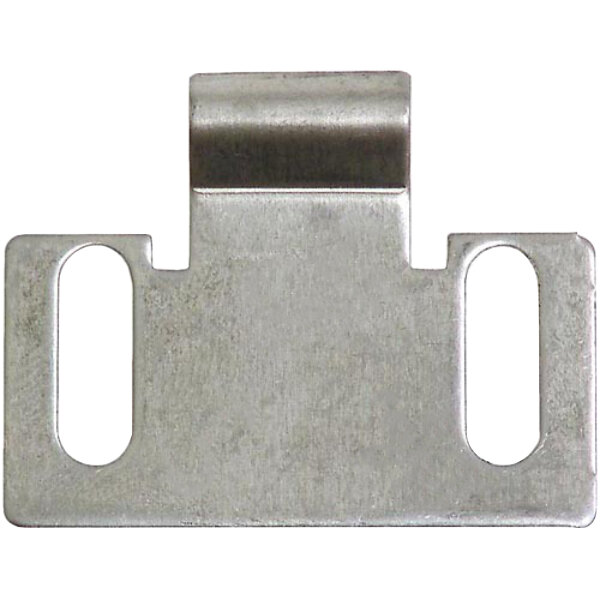 A stainless steel rectangular door strike plate with two holes.