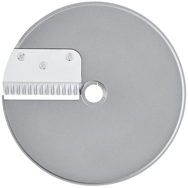 A Robot Coupe 1/8" Gaufrette / Waffle Cut Disc, a circular metal object with a blade and holes.