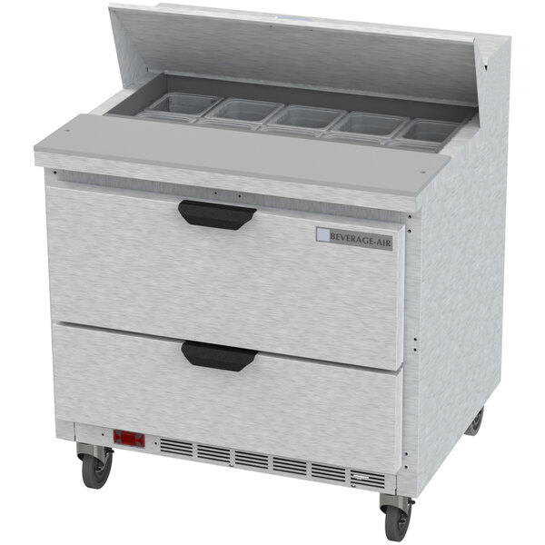 A Beverage-Air sandwich prep table with 2 drawers open.
