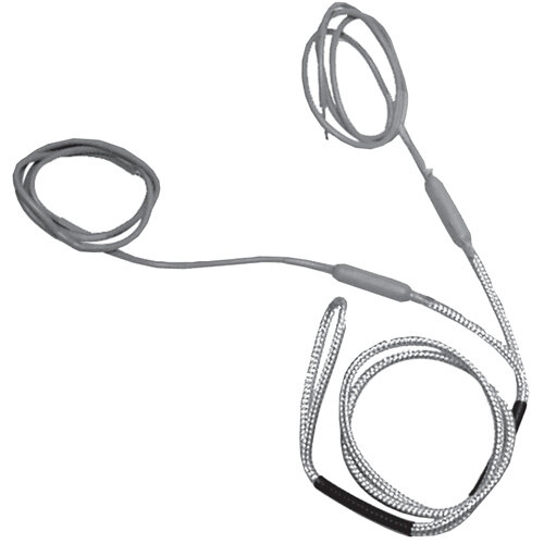A white and black rope with a grey handle and a black hook.