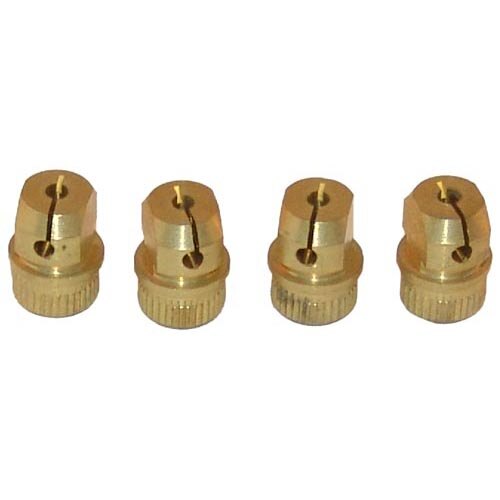 A group of brass threaded brass nuts.