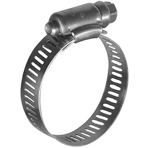 A close-up of a stainless steel All Points hose clamp with a metal ring.