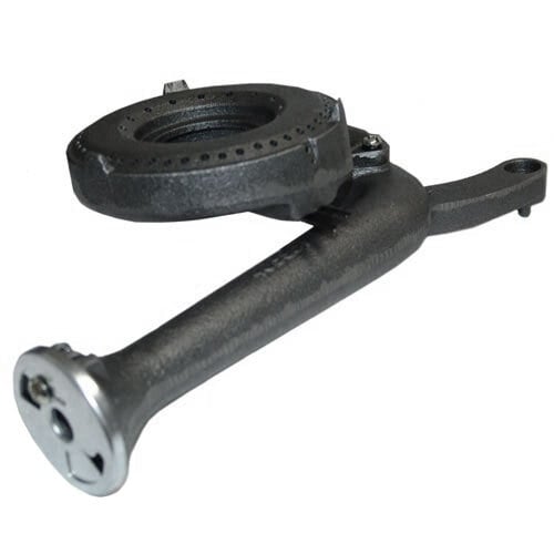 A black cast iron front burner assembly with a round metal object and holes.
