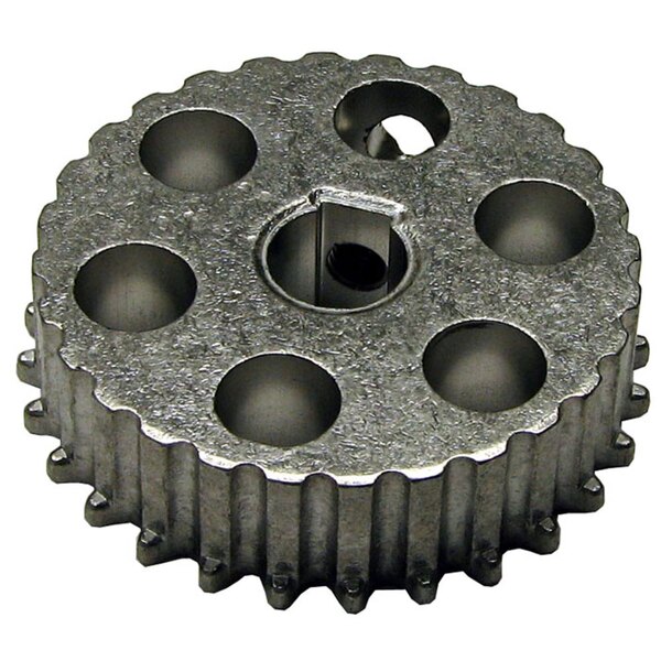 A metal sprocket with a circular hole and black gear teeth.