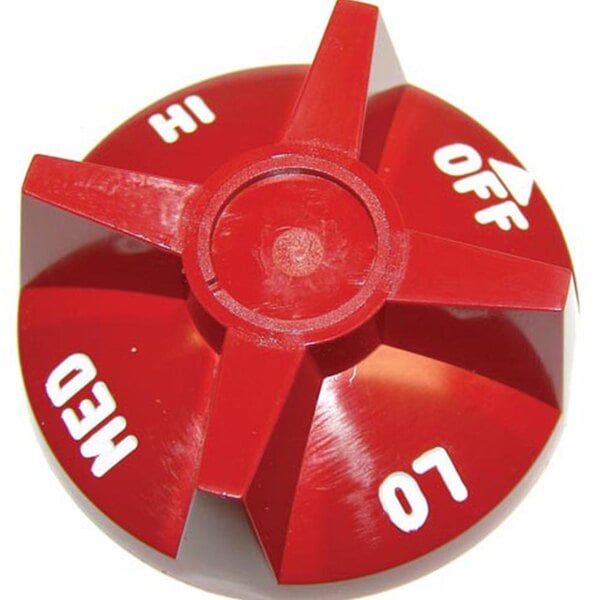 A red plastic All Points range knob with white text on it.