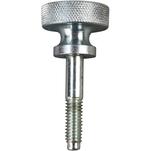 A silver screw with a metal nut on top.