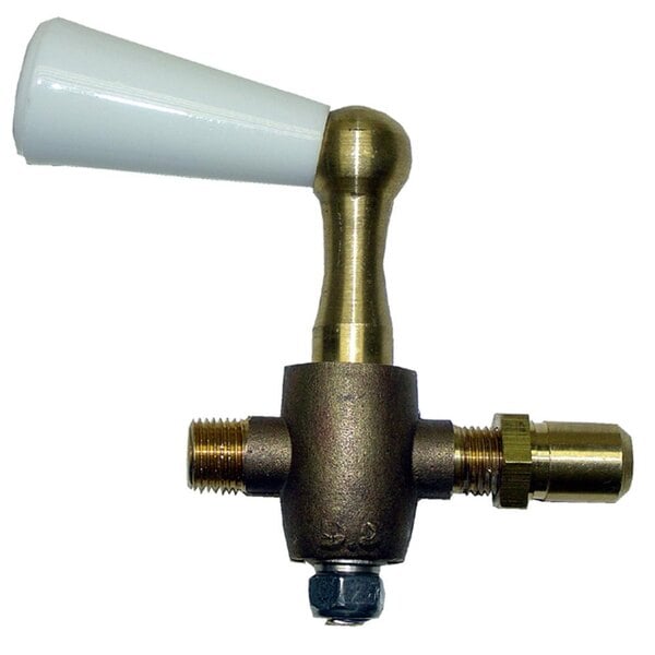 A close-up of an All Points brass gas valve with a white handle.