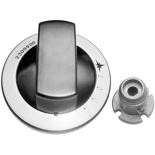 A black and silver All Points range knob with a screw.
