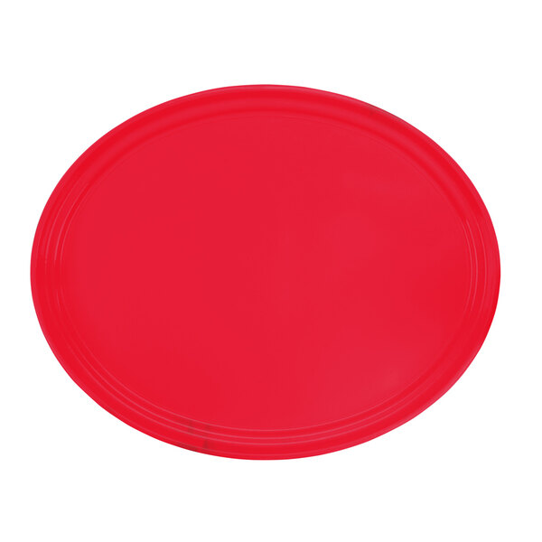 A red oval Cambro tray on a white background.