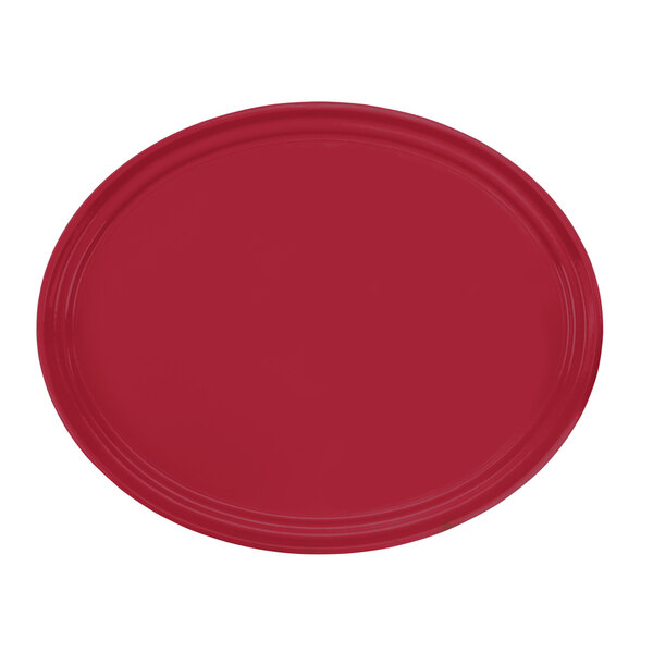 A red oval tray with a white background.