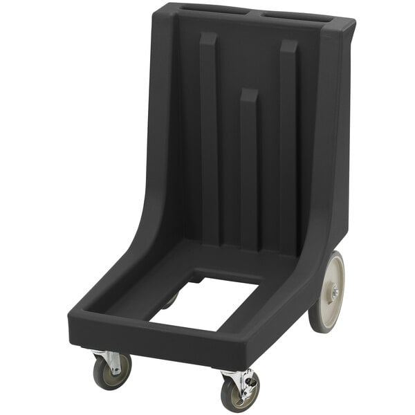 A black plastic Cambro Camdolly with rear wheels.