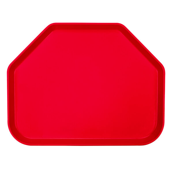 A red trapezoid-shaped Cambro tray.