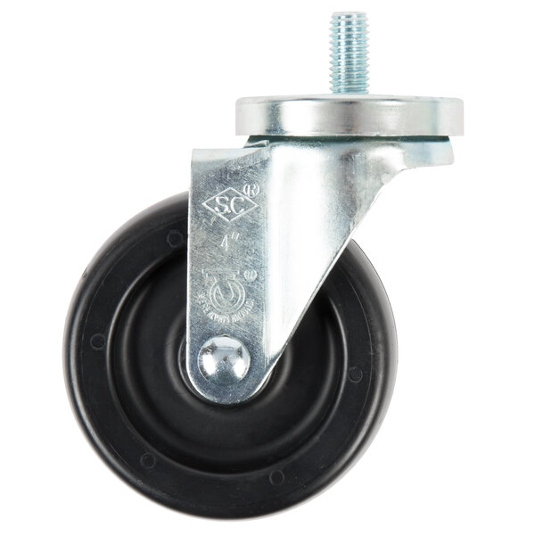 A black and silver metal wheel with a screw.