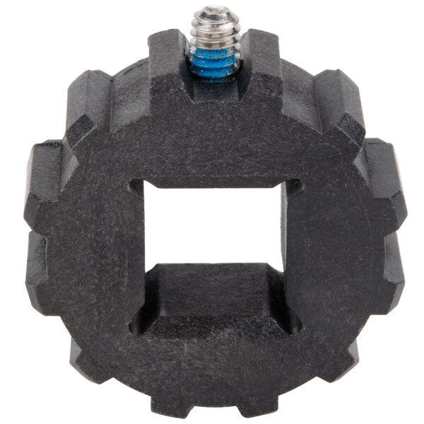 A black circular Lincoln conveyor drive sprocket with a blue screw in it.