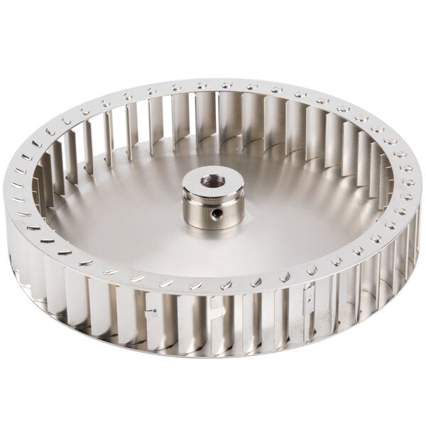 A silver metal Blower Wheel with a circular hole.
