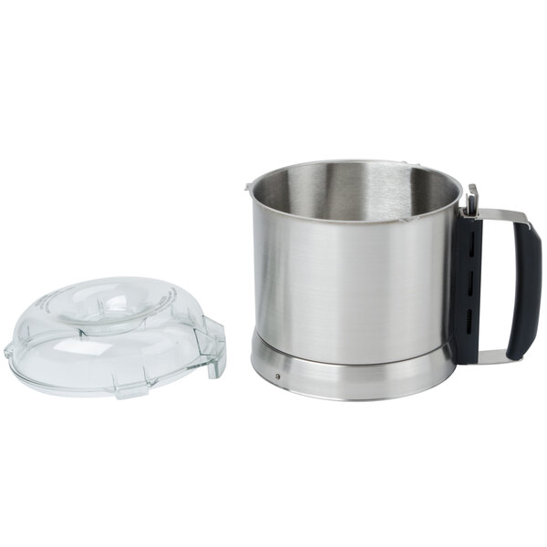 A silver stainless steel bowl with a plastic lid for a Robot Coupe food processor.